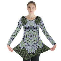 Calm In The Flower Forest Of Tranquility Ornate Mandala Long Sleeve Tunic  by pepitasart