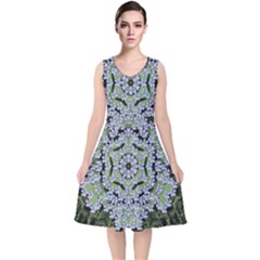 Calm In The Flower Forest Of Tranquility Ornate Mandala V-neck Midi Sleeveless Dress  by pepitasart