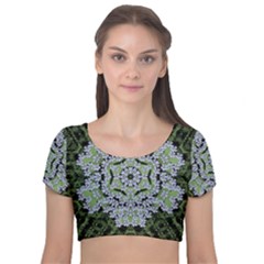 Calm In The Flower Forest Of Tranquility Ornate Mandala Velvet Short Sleeve Crop Top  by pepitasart