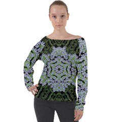 Calm In The Flower Forest Of Tranquility Ornate Mandala Off Shoulder Long Sleeve Velour Top by pepitasart