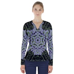 Calm In The Flower Forest Of Tranquility Ornate Mandala V-neck Long Sleeve Top by pepitasart