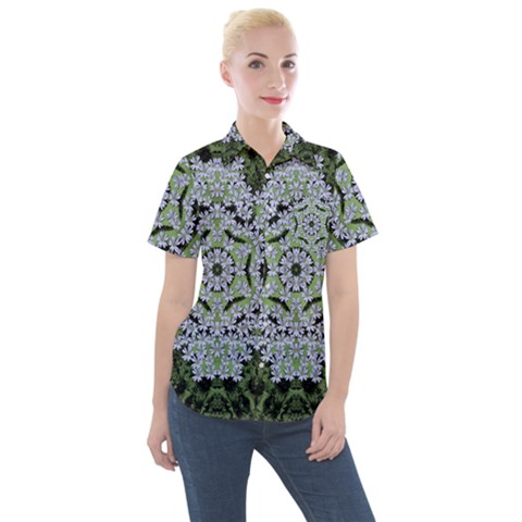 Calm In The Flower Forest Of Tranquility Ornate Mandala Women s Short Sleeve Pocket Shirt by pepitasart