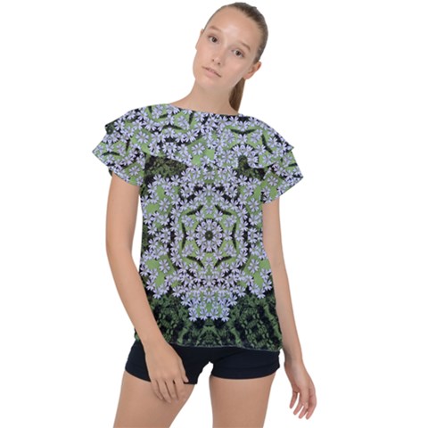 Calm In The Flower Forest Of Tranquility Ornate Mandala Ruffle Collar Chiffon Blouse by pepitasart