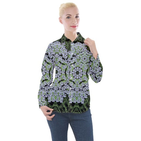 Calm In The Flower Forest Of Tranquility Ornate Mandala Women s Long Sleeve Pocket Shirt by pepitasart