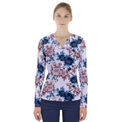 Blue And Rose Flowers V-neck Long Sleeve Top by goljakoff