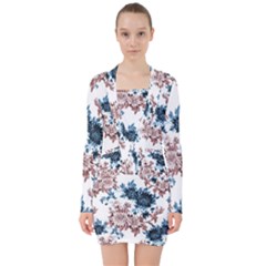 Blue And Rose Flowers V-neck Bodycon Long Sleeve Dress by goljakoff