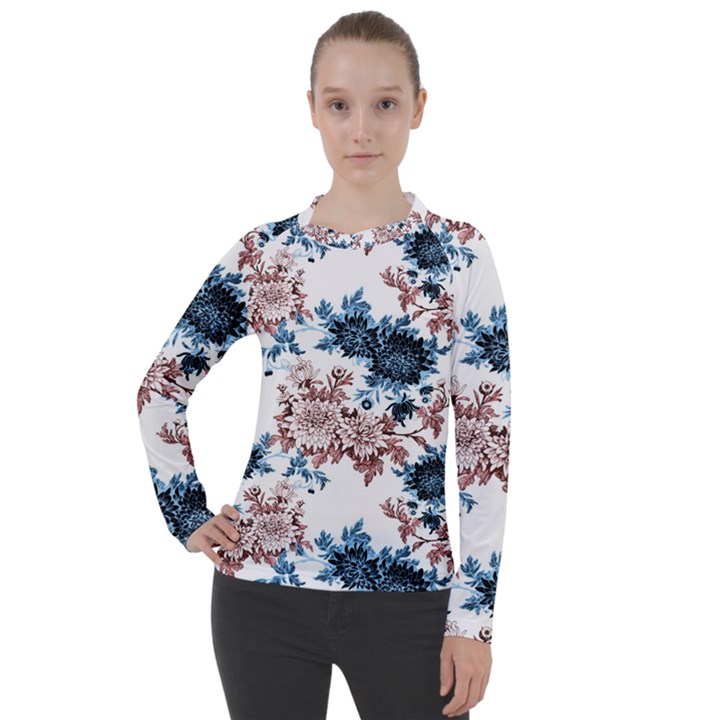 Blue and rose flowers Women s Pique Long Sleeve Tee