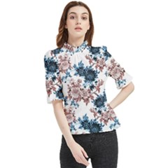 Blue And Rose Flowers Frill Neck Blouse