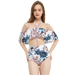 Blue And Rose Flowers Halter Flowy Bikini Set 