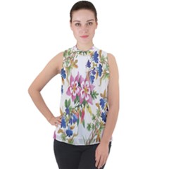 Garden Flowers Mock Neck Chiffon Sleeveless Top by goljakoff