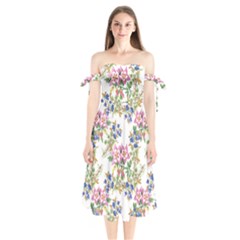 Garden Flowers Pattern Shoulder Tie Bardot Midi Dress by goljakoff