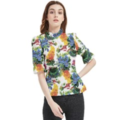 Flowers Pattern Frill Neck Blouse