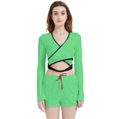 Algae Green & Black -  Velvet Wrap Crop Top And Shorts Set