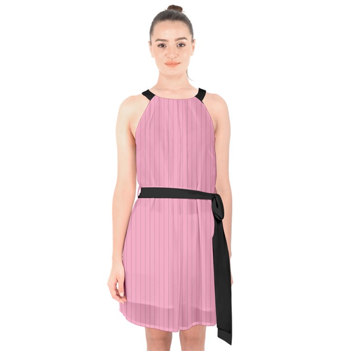 Amaranth Pink & Black - Halter Collar Waist Tie Chiffon Dress