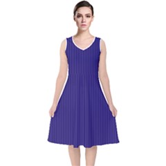 Berry Blue & White - V-neck Midi Sleeveless Dress  by FashionLane