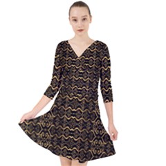 Luxury Golden Oriental Ornate Pattern Quarter Sleeve Front Wrap Dress