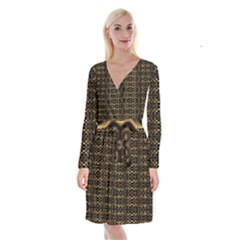 Luxury Golden Oriental Ornate Pattern Long Sleeve Velvet Front Wrap Dress by dflcprintsclothing