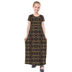 Luxury Golden Oriental Ornate Pattern Kids  Short Sleeve Maxi Dress by dflcprintsclothing