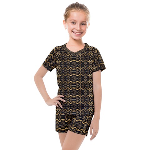 Luxury Golden Oriental Ornate Pattern Kids  Mesh Tee And Shorts Set by dflcprintsclothing