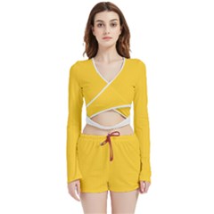 Dandelion Yellow & White - Velvet Wrap Crop Top And Shorts Set by FashionLane