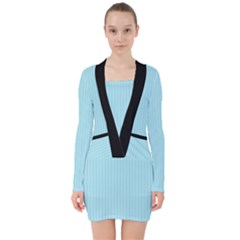 Blizzard Blue & Black - V-neck Bodycon Long Sleeve Dress by FashionLane