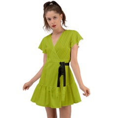 Acid Green & Black - Flutter Sleeve Wrap Dress by FashionLane