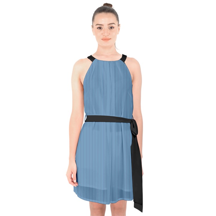 Air Force Blue & Black - Halter Collar Waist Tie Chiffon Dress