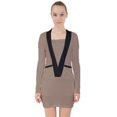 Beaver Brown & Black - V-neck Bodycon Long Sleeve Dress by FashionLane