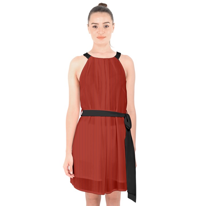 Lipstick Red & Black - Halter Collar Waist Tie Chiffon Dress