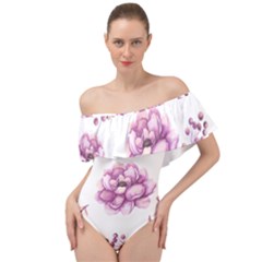 Pink Peonies Pattern Off Shoulder Velour Bodysuit  by Gingerly