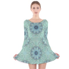 Mint Floral Pattern Long Sleeve Velvet Skater Dress by Dazzleway