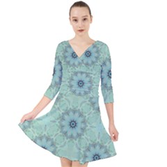 Mint Floral Pattern Quarter Sleeve Front Wrap Dress by Dazzleway