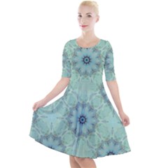 Mint Floral Pattern Quarter Sleeve A-line Dress by Dazzleway