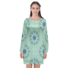 Mint Floral Pattern Long Sleeve Chiffon Shift Dress  by Dazzleway