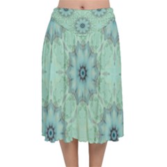 Mint Floral Pattern Velvet Flared Midi Skirt by Dazzleway