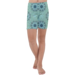 Mint Floral Pattern Kids  Lightweight Velour Capri Yoga Leggings