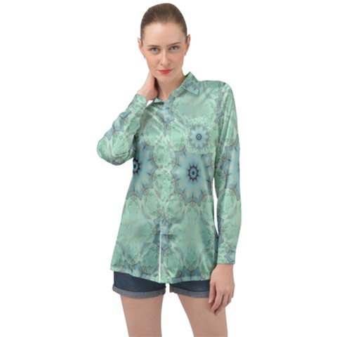 Mint Floral Pattern Long Sleeve Satin Shirt by Dazzleway