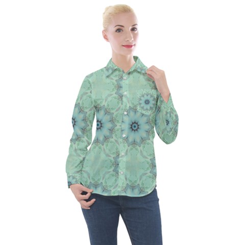 Mint Floral Pattern Women s Long Sleeve Pocket Shirt by Dazzleway