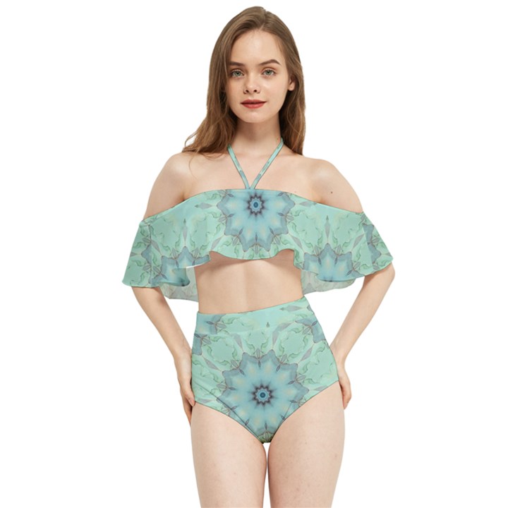 Mint floral pattern Halter Flowy Bikini Set 