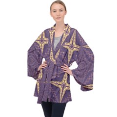 Purple And Gold Long Sleeve Velvet Kimono 