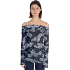 Black And White Cracked Abstract Texture Print Off Shoulder Long Sleeve Top by dflcprintsclothing