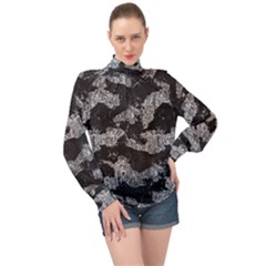 Black And White Cracked Abstract Texture Print High Neck Long Sleeve Chiffon Top by dflcprintsclothing