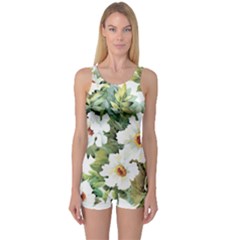 White Flowers One Piece Boyleg Swimsuit by goljakoff