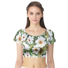 White Flowers Short Sleeve Crop Top by goljakoff