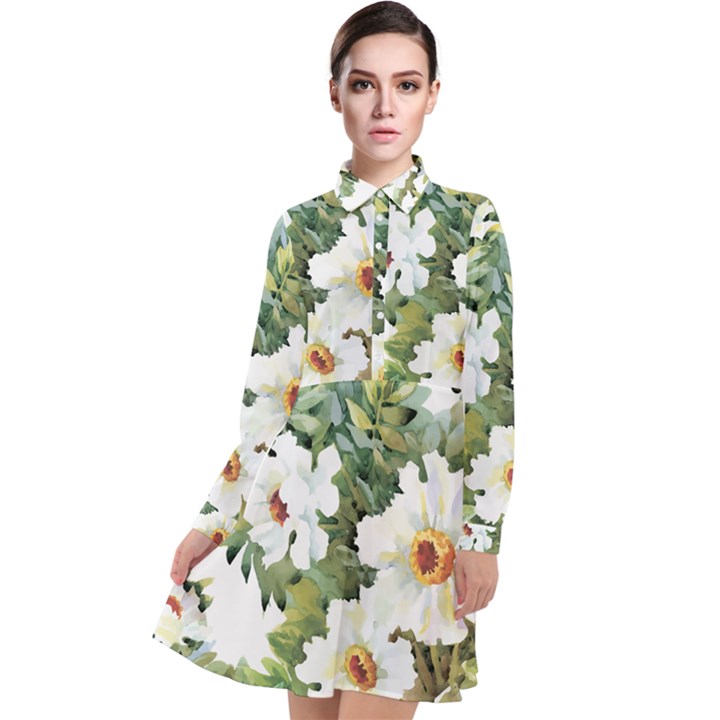 White flowers Long Sleeve Chiffon Shirt Dress