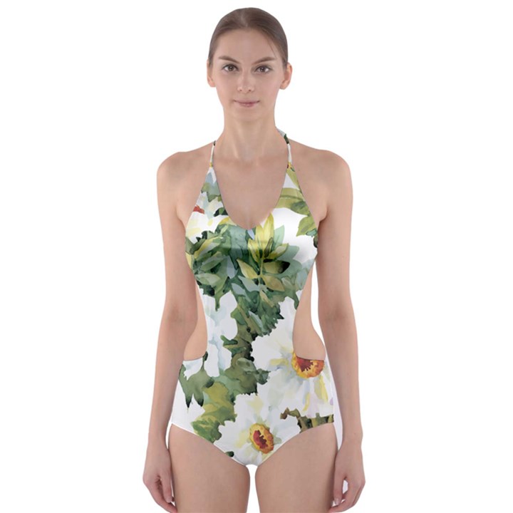 White flowers Cut-Out One Piece Swimsuit