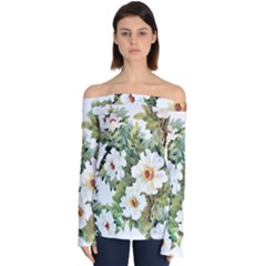 White Flowers Off Shoulder Long Sleeve Top by goljakoff