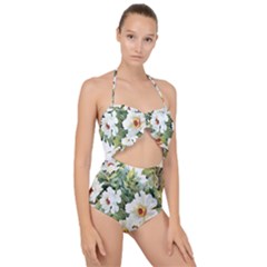 White Flowers Scallop Top Cut Out Swimsuit by goljakoff