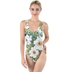 White Flowers High Leg Strappy Swimsuit by goljakoff