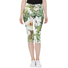 White Flowers Inside Out Lightweight Velour Capri Leggings  by goljakoff